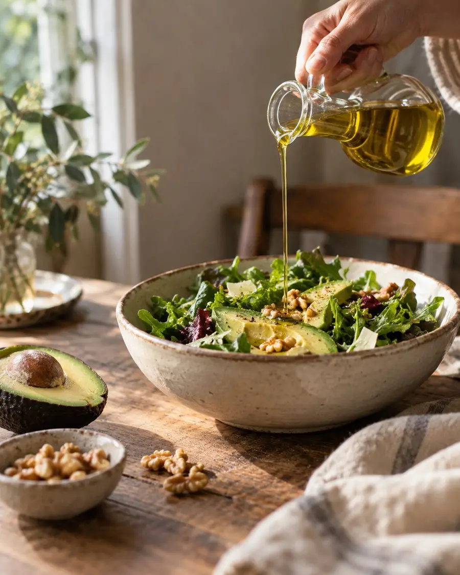 Una mano echa aceite de oliva sobre una ensalada, con medio aguacate y nueces al lado