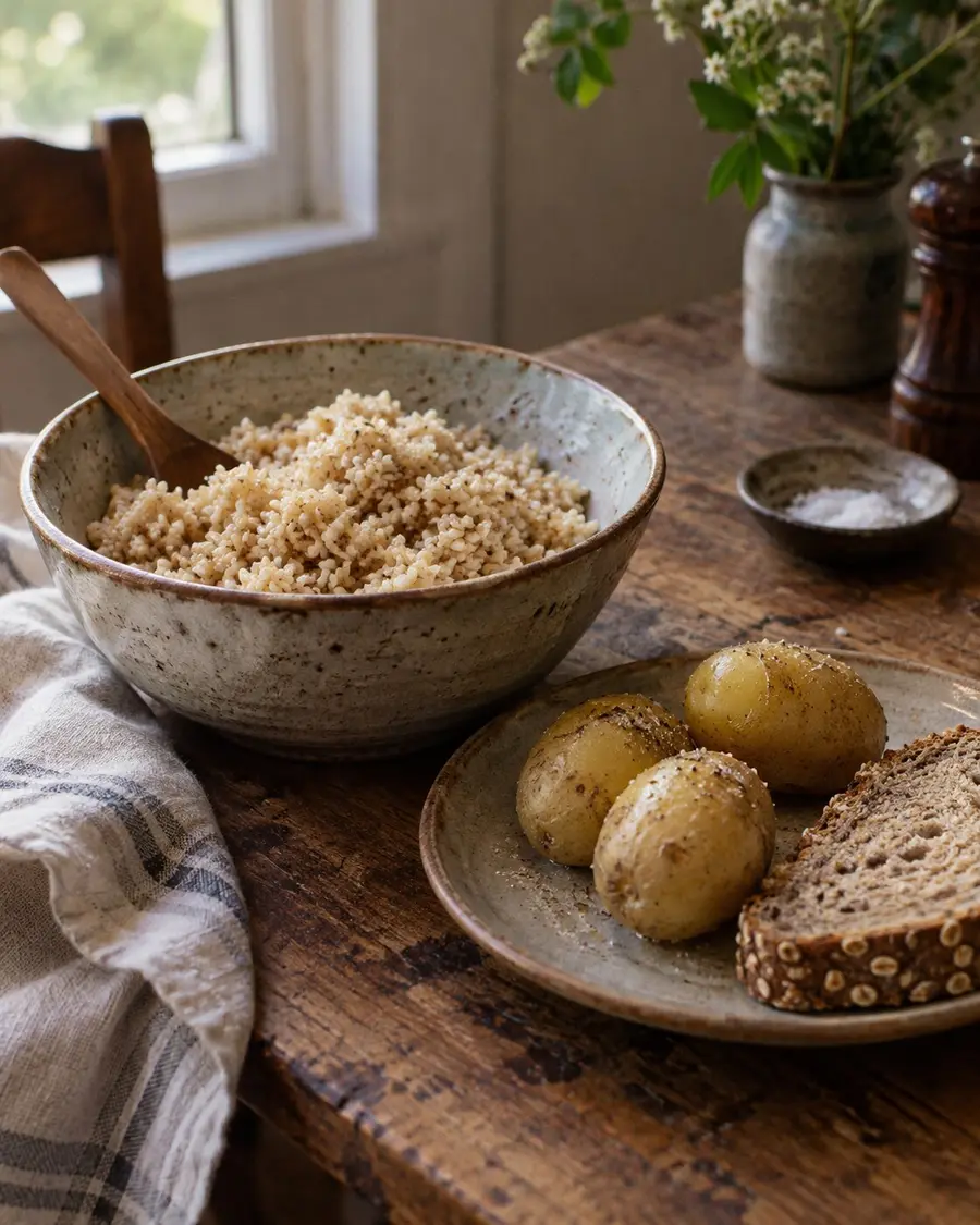 Un cuenco de arroz integral, tres patatas cocidas con piel y una rebanada de pan con semillas