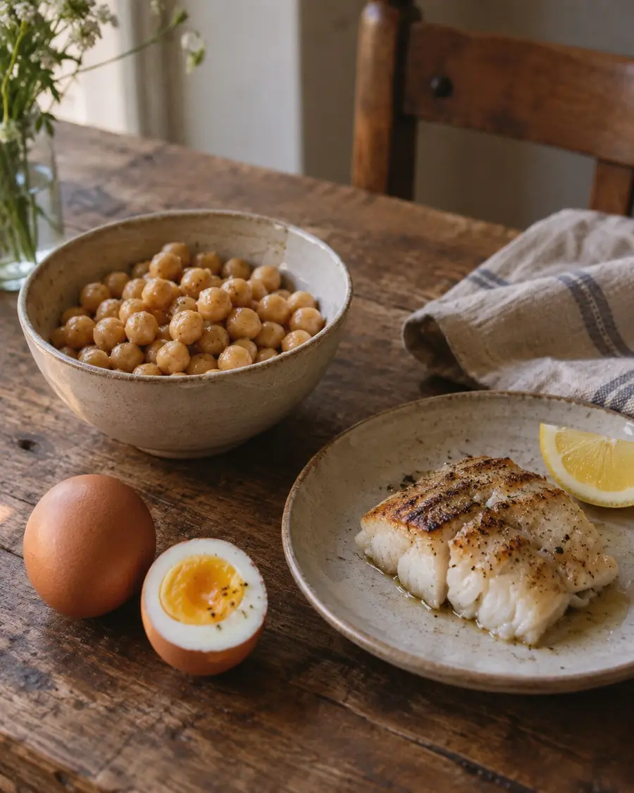 Un cuenco de garbanzos, dos huevos y un plato con un trozo de pescado a la plancha con limón