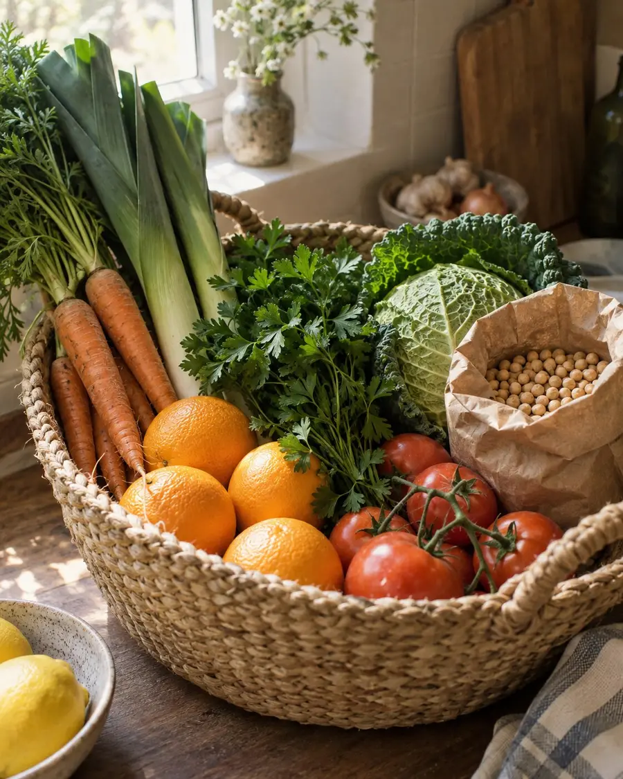 Un cesto de mimbre con puerros, zanahorias, naranjas, tomates y una bolsa de legumbres