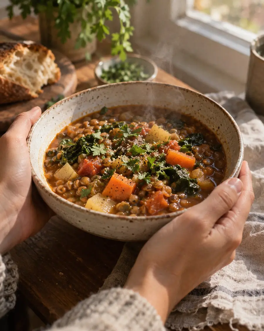 Dos manos sostienen un cuenco de sopa de lentejas con verduras