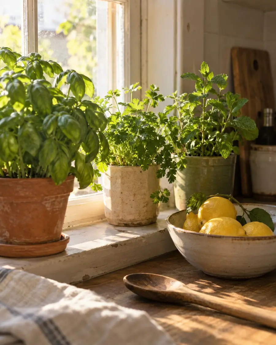Macetas de albahaca en una ventana y un frutero con limones