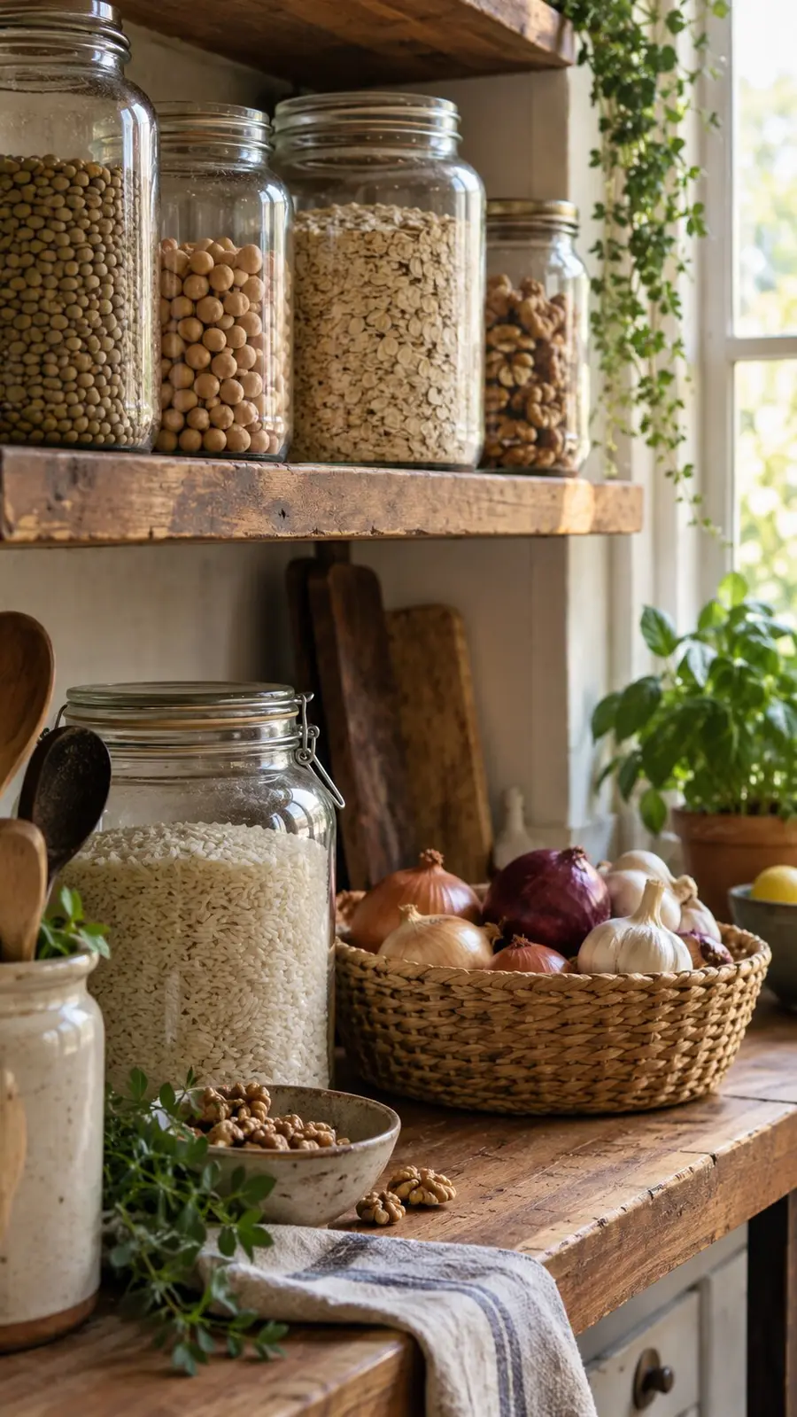 Una despensa con botes de legumbres y cereales y una cesta de cebollas