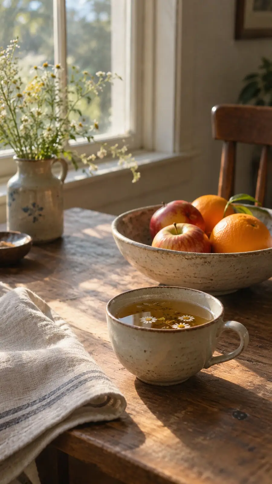 Una mesa junto a una ventana con un frutero y una taza de té